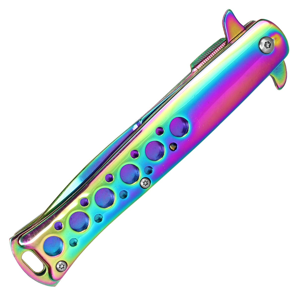 9" Rainbow Stiletto Pocket Knife w/ Holes