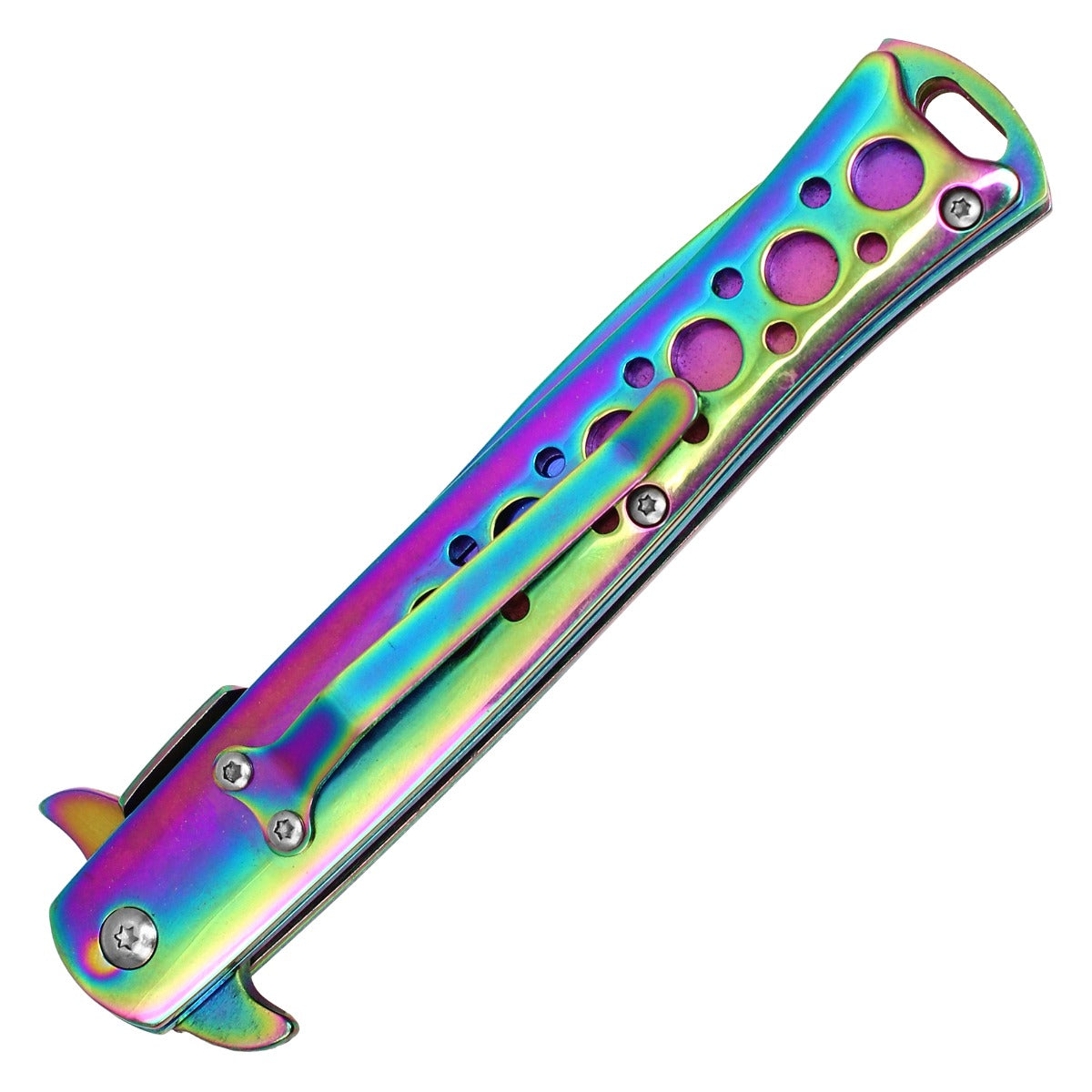 9" Rainbow Stiletto Pocket Knife w/ Holes