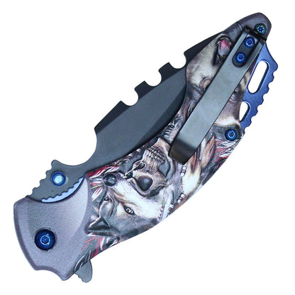 8 1/4” ASSISTED OPEN INDIAN SKELETON & WOLF POCKET KNIFE