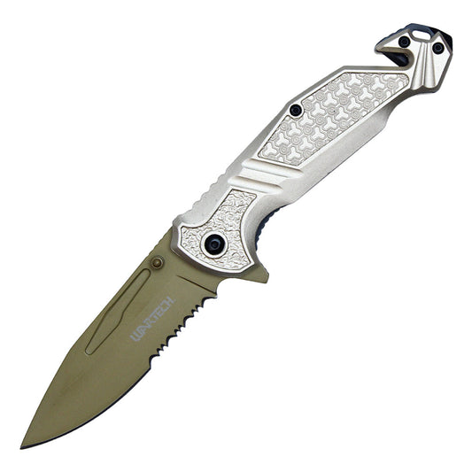 Wartech - 8.25" Serrated White & Gold | Spring Assisted Pocket Knife