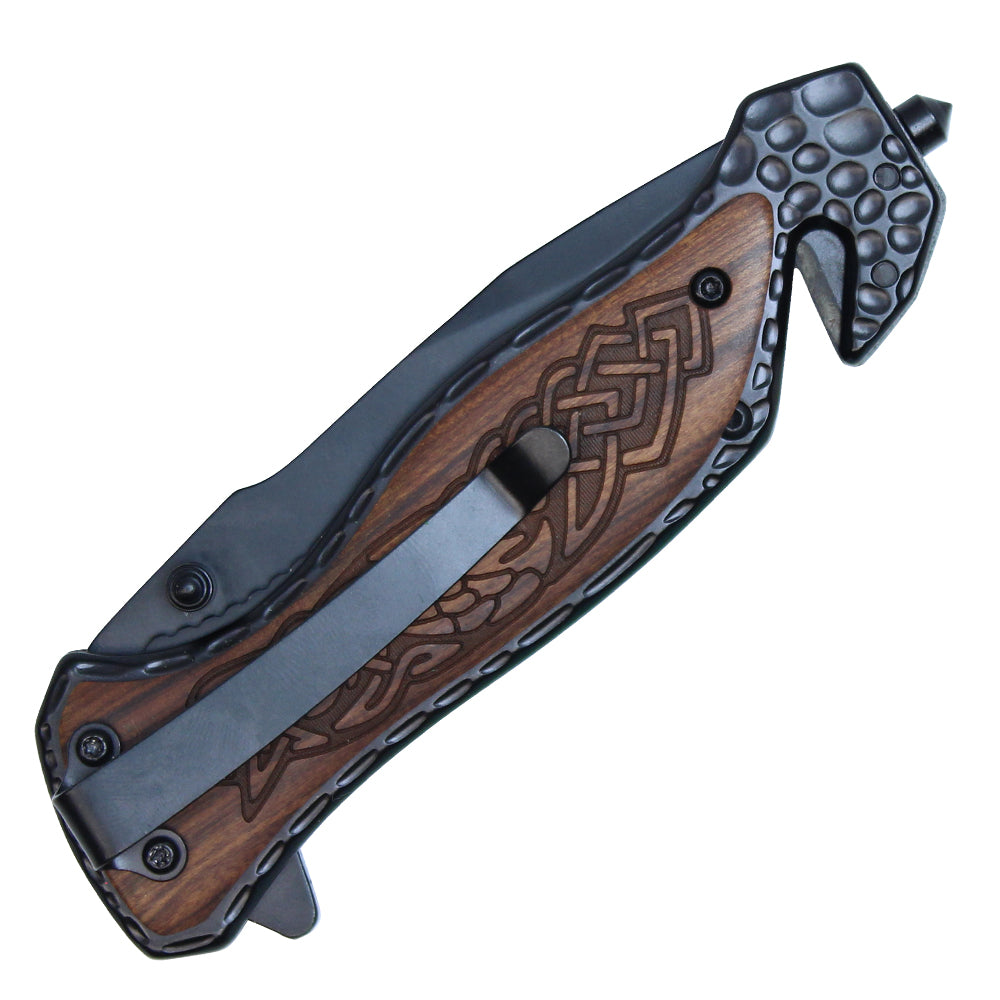 8" Black Stainless Steel Assisted Pocket Knife w/ Celtic Patterned Handle & Serrated Edge