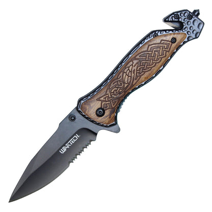 8" Black Stainless Steel Assisted Pocket Knife w/ Celtic Patterned Handle & Serrated Edge