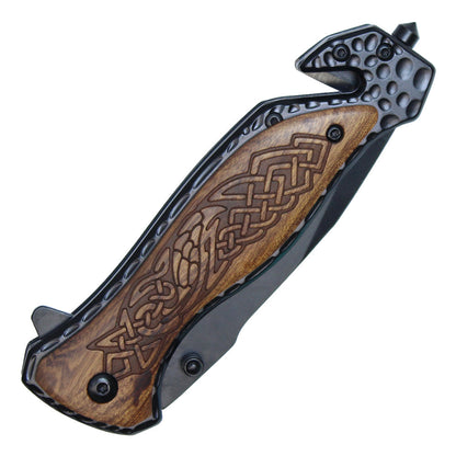 8" Black Stainless Steel Assisted Pocket Knife w/ Celtic Patterned Handle & Serrated Edge