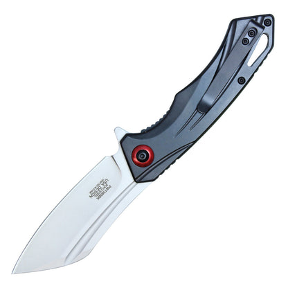 8" Black Stainless Steel Assisted Pocket Knife w/ Black Handle & Red Accent