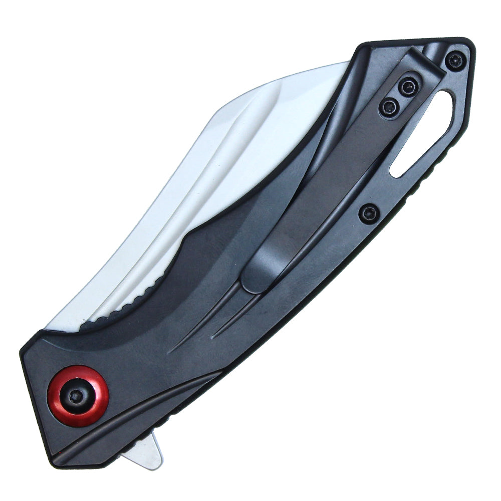 8" Black Stainless Steel Assisted Pocket Knife w/ Black Handle & Red Accent