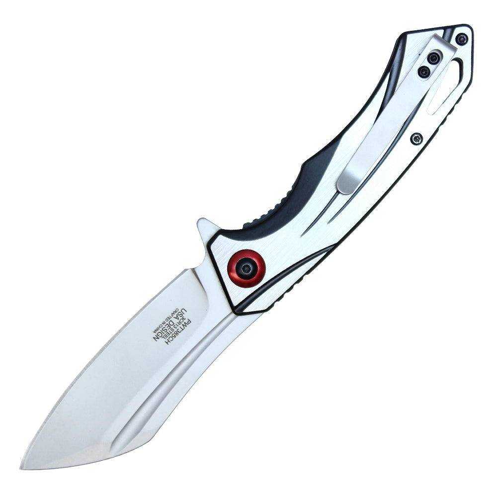 8" Chrome Stainless Steel Assisted Pocket Knife w/ Chrome Handle & Red Accent