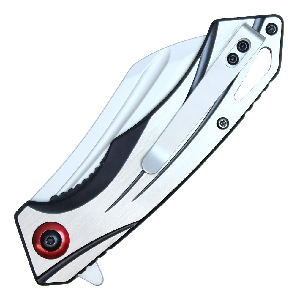 8" Chrome Stainless Steel Assisted Pocket Knife w/ Chrome Handle & Red Accent